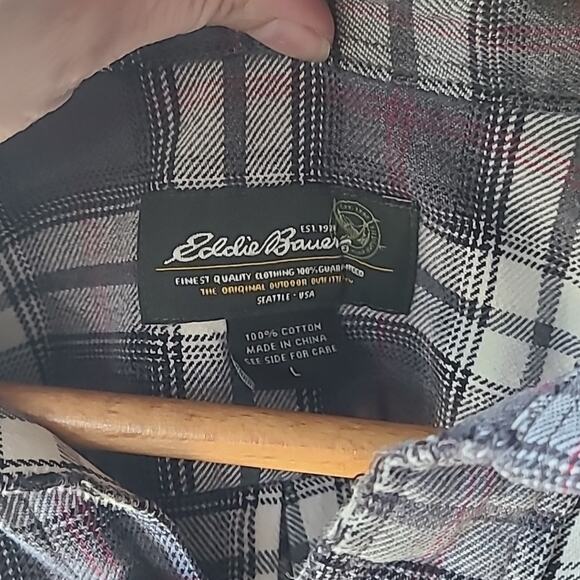 Vintage Eddie Bauer Men's Flannel Plaid 100% Cotton Long Sleeve Shirt LARGE GREY - Picture 4 of 6